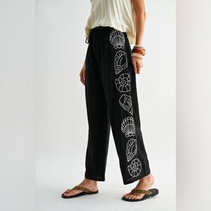 Wide Leg Pants with White Seashell Embroidery